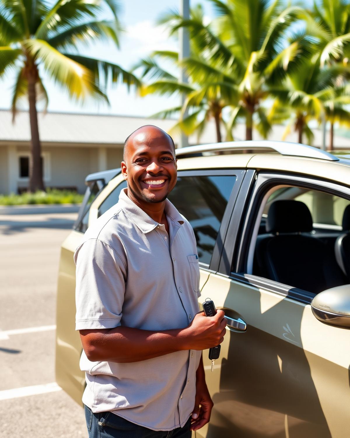 Friendly Leisure Car Rental agent handing over keys